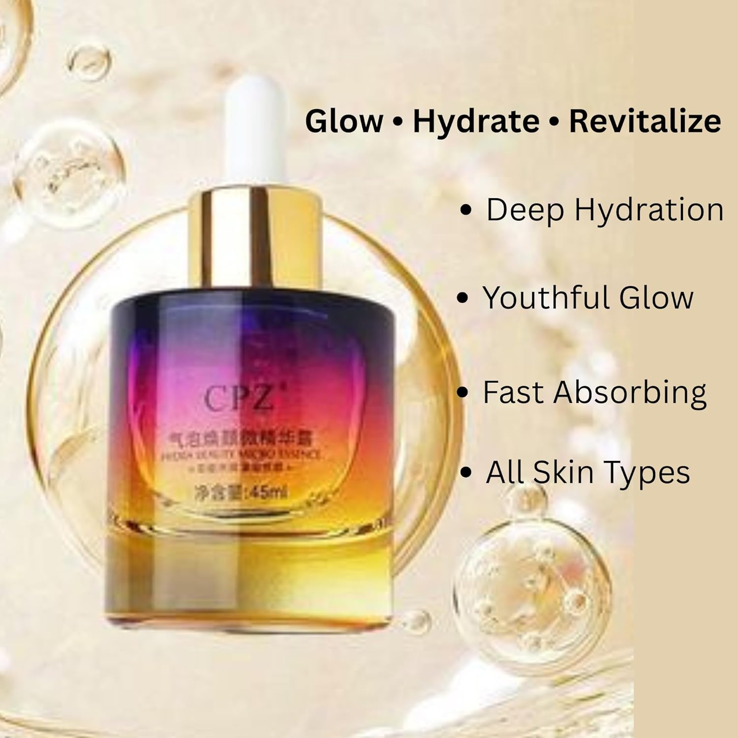 CPZ Face Serum & Essence for glowing skin. Hydrating, lightweight, fast-absorbing formula with antioxidants. Revives dull skin, boosts radiance, and supports daily skincare for all skin types. Daily - Image 2