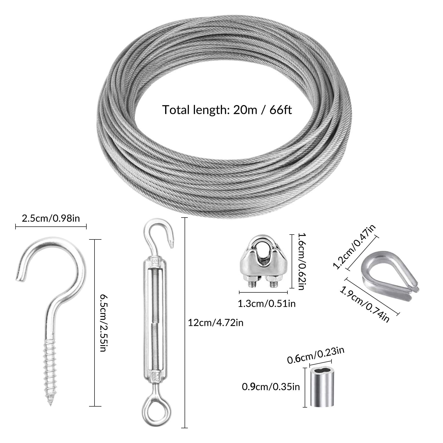 20M Drahtseil Edelstahl Stahlseil Gardinenseil 2mm PVC-Ummantelt | Aluminiumhülsen Alu Klemme 2mm | Drahtseil Kauschen 2 mm | M5 Spannschnall spanner | M2 Drahtseilkauschen | Schraubaugen