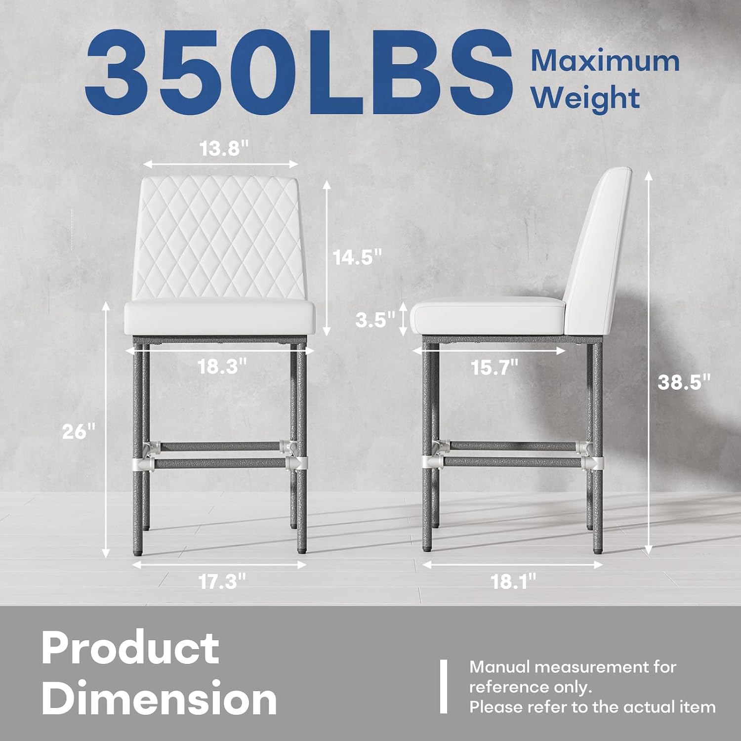HomeZeer Industrial Counter Height Bar Stools Set of 2, 26 Inch White Leather Bar Stools for Kitchen Island with Back, Upholstered Seat and Painted Metal Frame, Support 350LBS