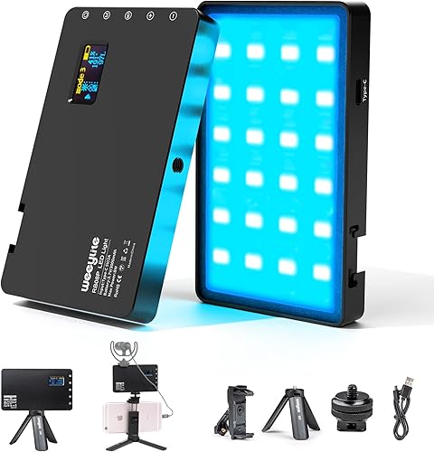 Luz de video LED RGB, luz LED pequeña portátil en la cámara con trípode y soporte para teléfono, panel de luces de fotografía a todo color