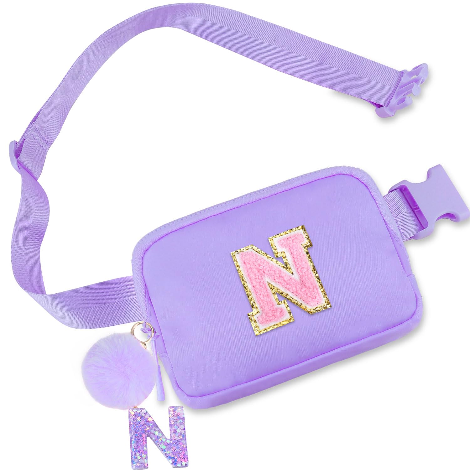 Belt Bag Fanny Pack for Girls - Initial Crossbody Bag for Birthday Gifts for 5 6 7 8 9 10 11 12 13 Year Old Teen Waist Pack Small Travel Essential, Purple, Medium, N-image-28