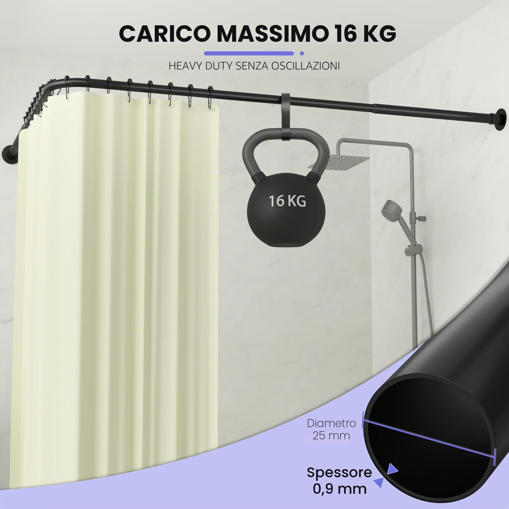 Bastone Tenda Doccia Angolare, Asta Tenda Doccia Regolabile 62-94x141-174 cm, Bastone Doccia in Acciaio Inossidabile, Vasca da bagno e doccia, con 16 Anelli per Tenda da Doccia