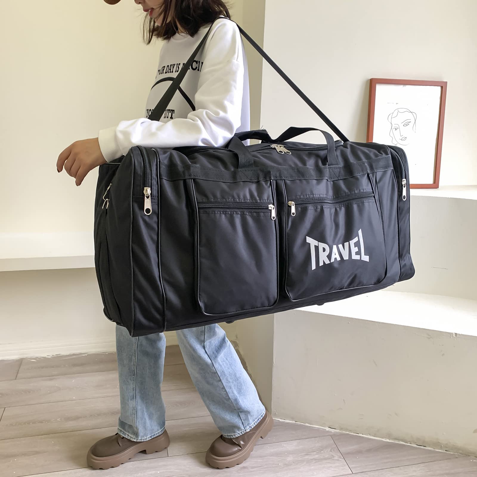 100L Sac Molleton Polochon De Voyage Pliable, Sac De Sport, Compartiment à Chaussures, Léger Et Imperméable, Grande Capacité, Unisexe (Noir)
