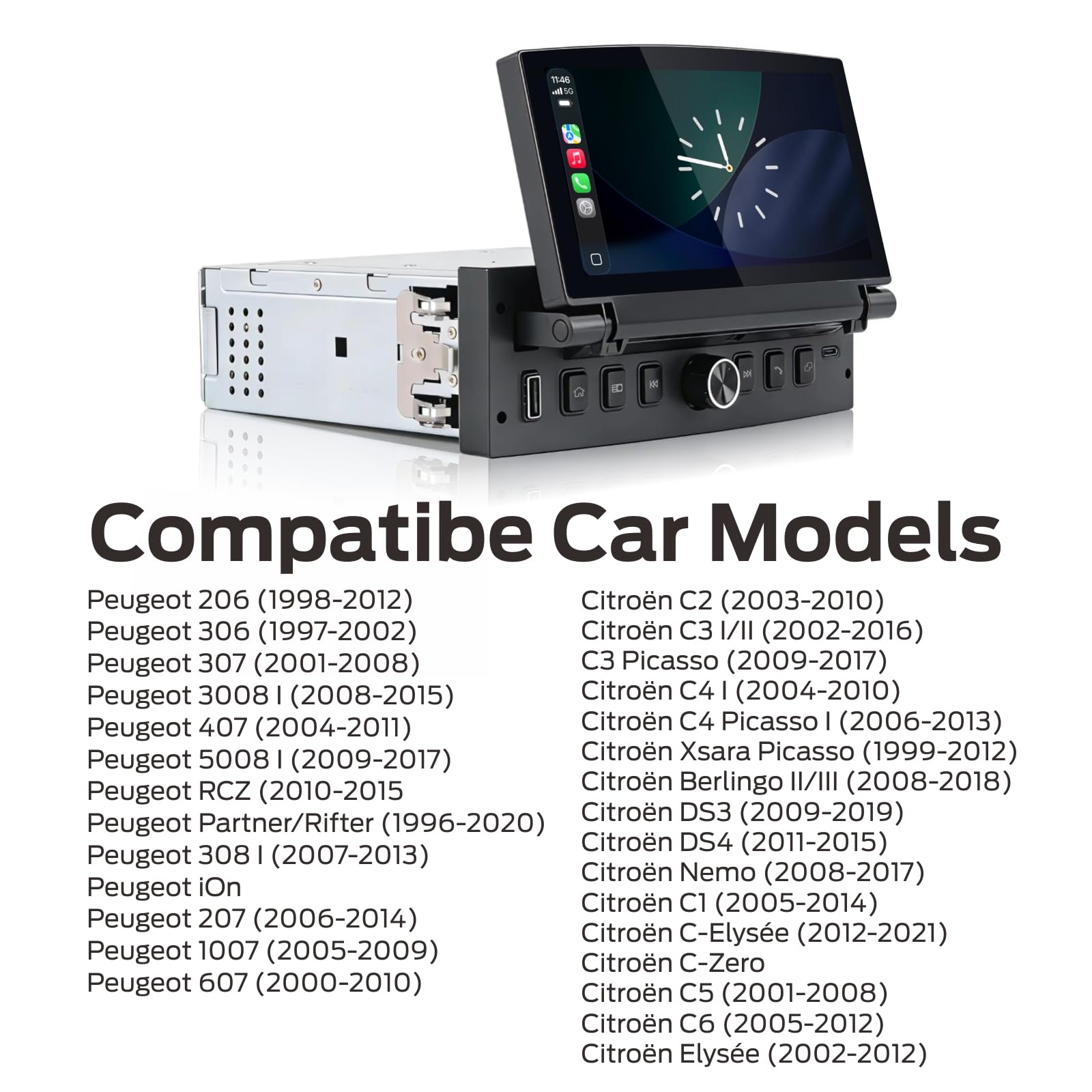 Autoradio Linux a singolo DIN per Peugeot 206 207 308 3008 Citroën C2 C3 C4 Picasso con CarPlay wireless e Android Auto, schermo touchscreen a scomparsa, plug and play, Bluetooth, radio FM RDS
