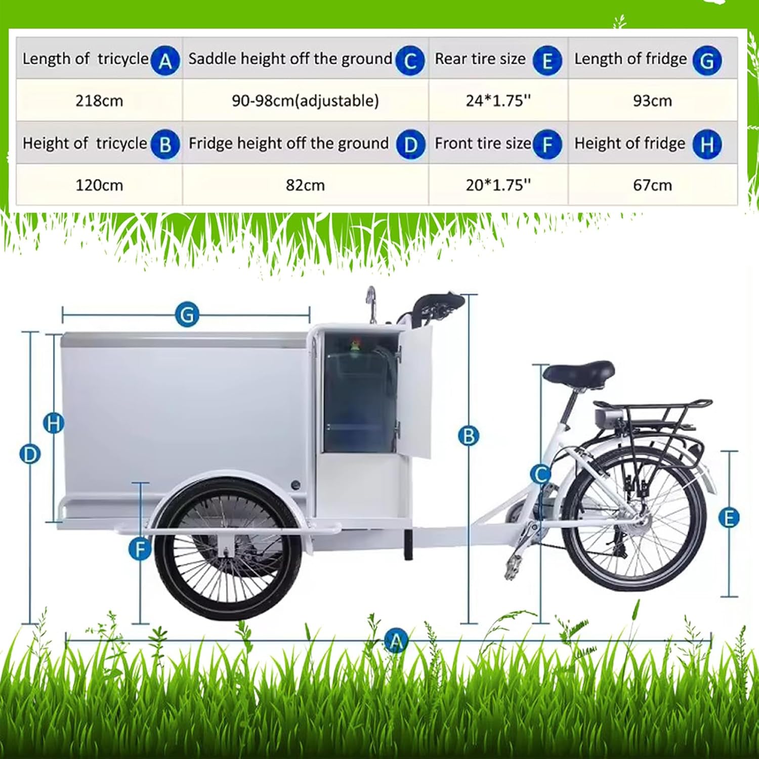 Tricycle with Beverage Dispaly Case Umbrella Cart Trailer Food Vending Trolley Electric Ice Cream Drinks Showcase Bicycle with Water Treatment System with Pump,Installation Required,White