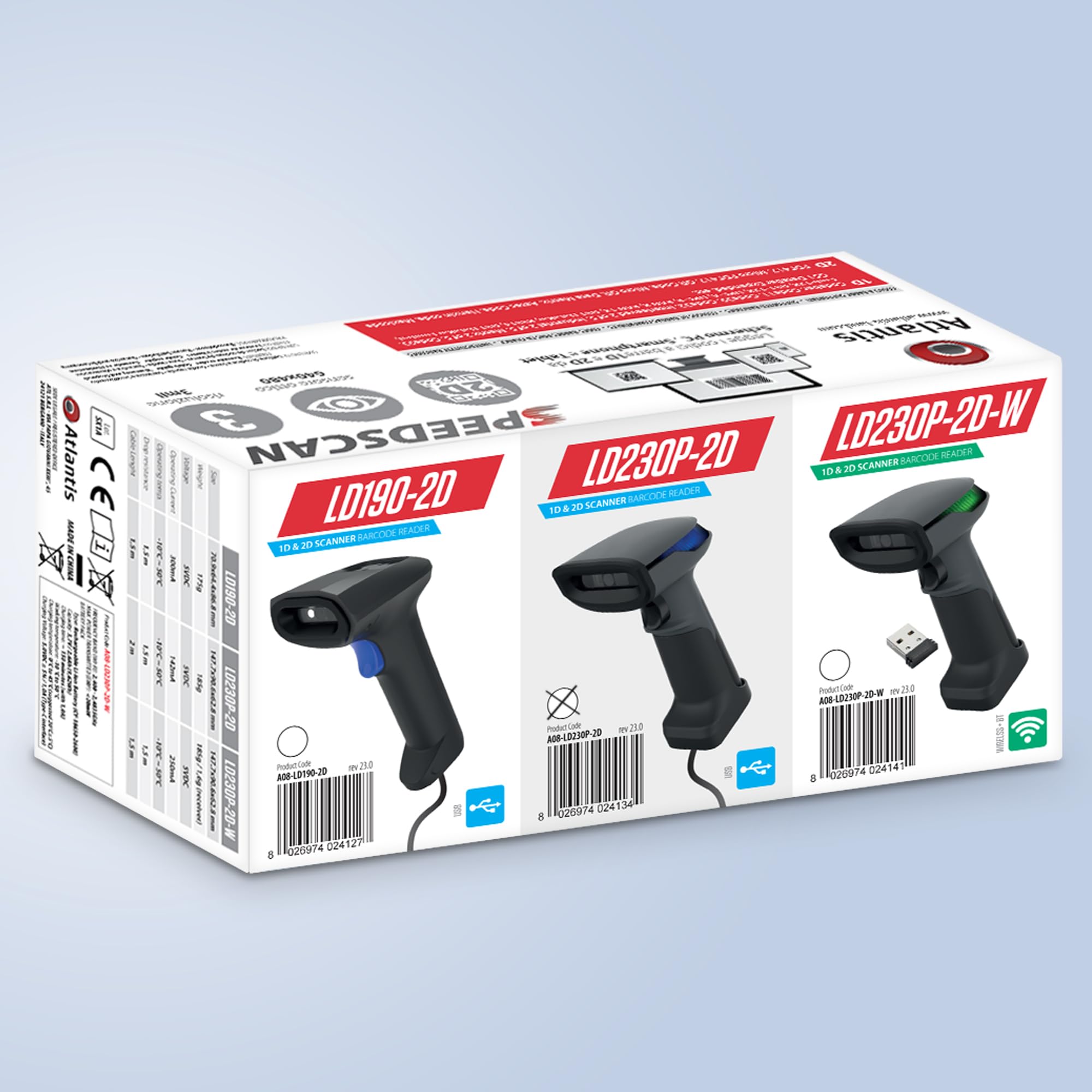 Atlantis A08-LD230P-2D Lettore Codici a Barre Barcode reader scanner 1D e 2D Ottico Prof (640x480), 60 fps, legge da smartphone e display, codice farmaceutico, collegamento USB, guida rapida