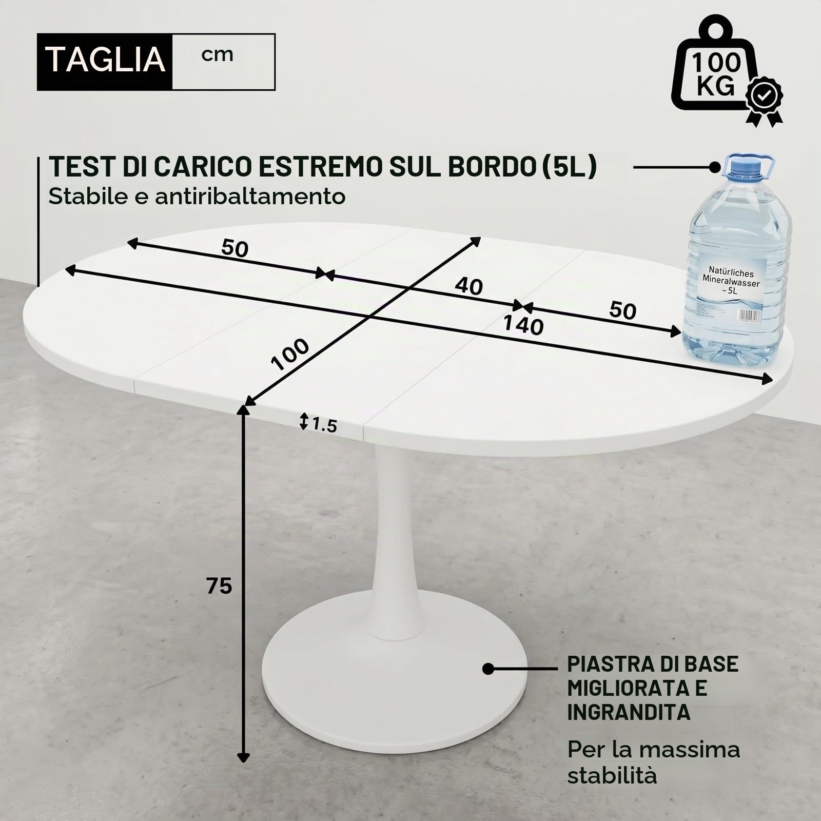 1 pezzo Tavolo da pranzo allungabile rotondo salvaspazio, con superficie in materiale legnoso facile da pulire e base a colonna stabile, 100/140 x 100 x 75 cm, per un massimo di 8 persone