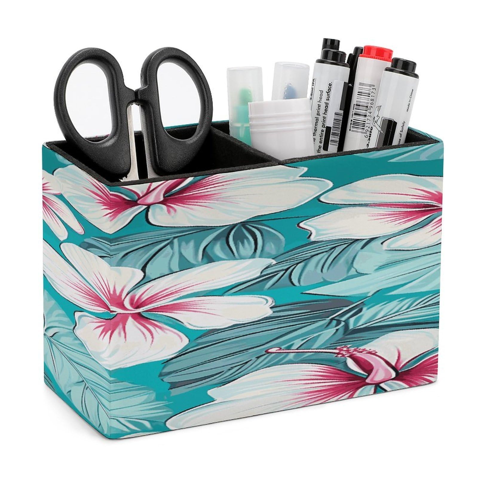 VstaDank Tropical Hibiscus Flowers Pencil Holder for Desk(Double Slots) Fashion Leather Pencil Cup Simple Rectangular Shape Pen Holder Multi-Functional Pen Cup for Home Office Supplies Storage