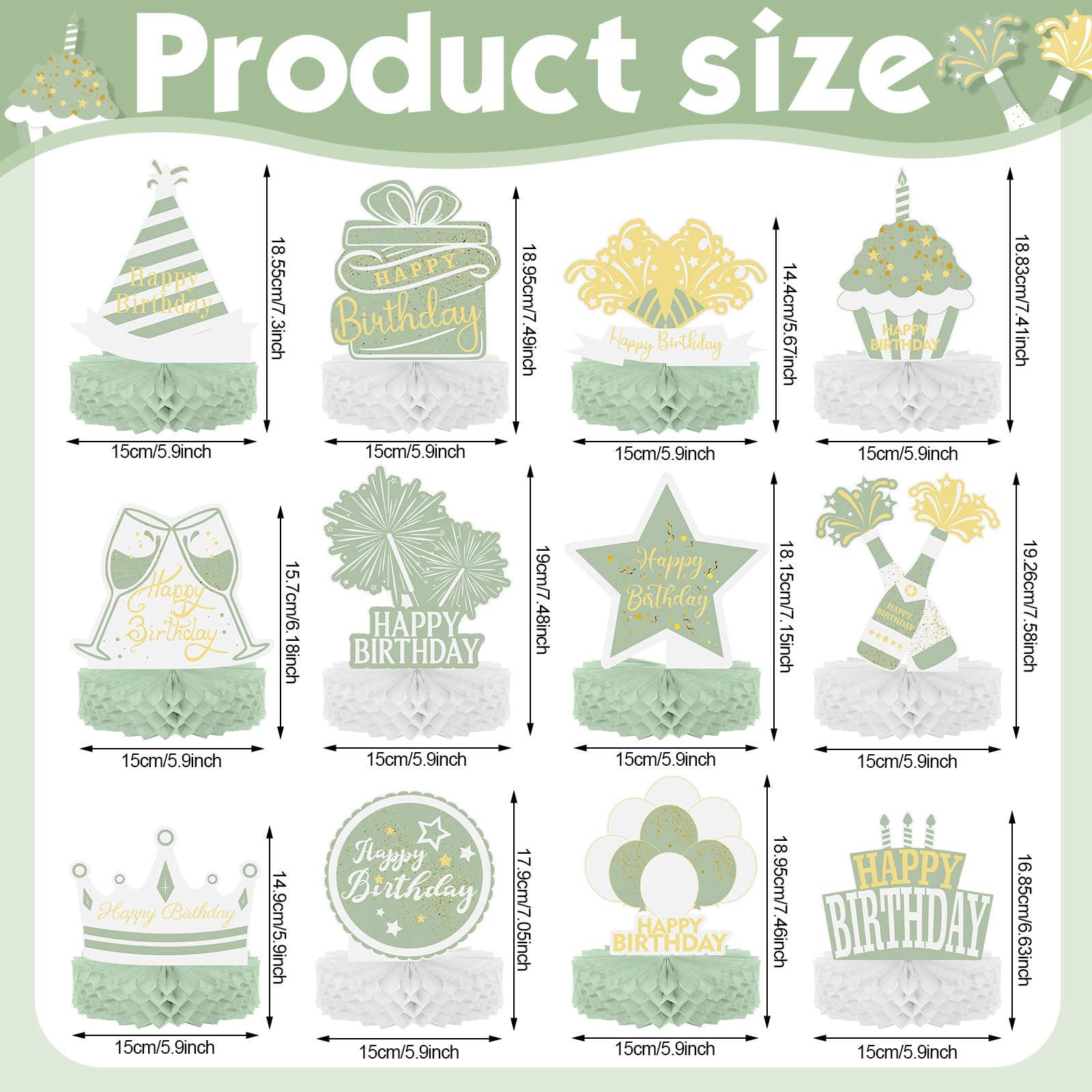 Sabary 12 Pcs Sage Green Gold Happy Birthday Decoration Gold Honeycomb Centerpieces Party Supplies Balloon Crown Paper Centerpiece Table Decorations Royal for Men Women Party