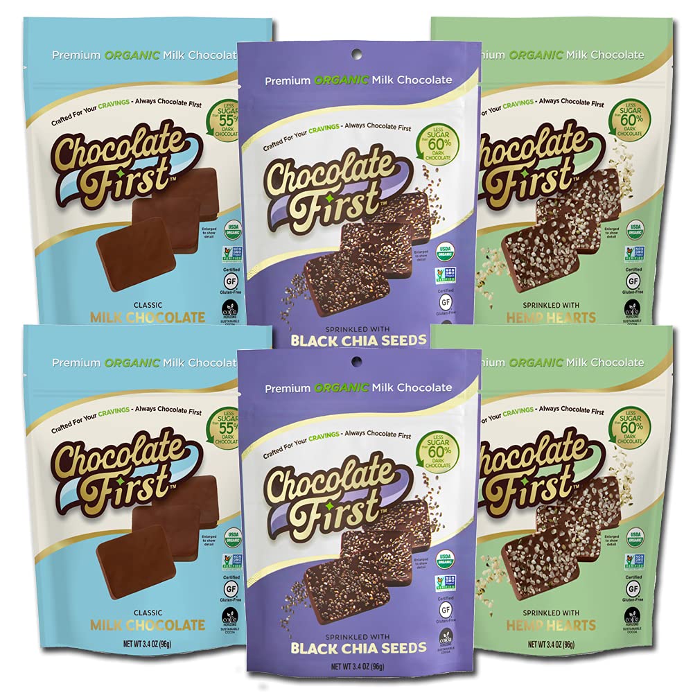 Healthy Low Sugar Organic Milk Chia & Hemp Chocolate with 60% Less Sugar than Dark - Creamy, Assorted Chocolates from Chocolate First | Premium Non-GMO Bulk Variety Pack Chocolate - 3.4oz Bags (Pack of 6)