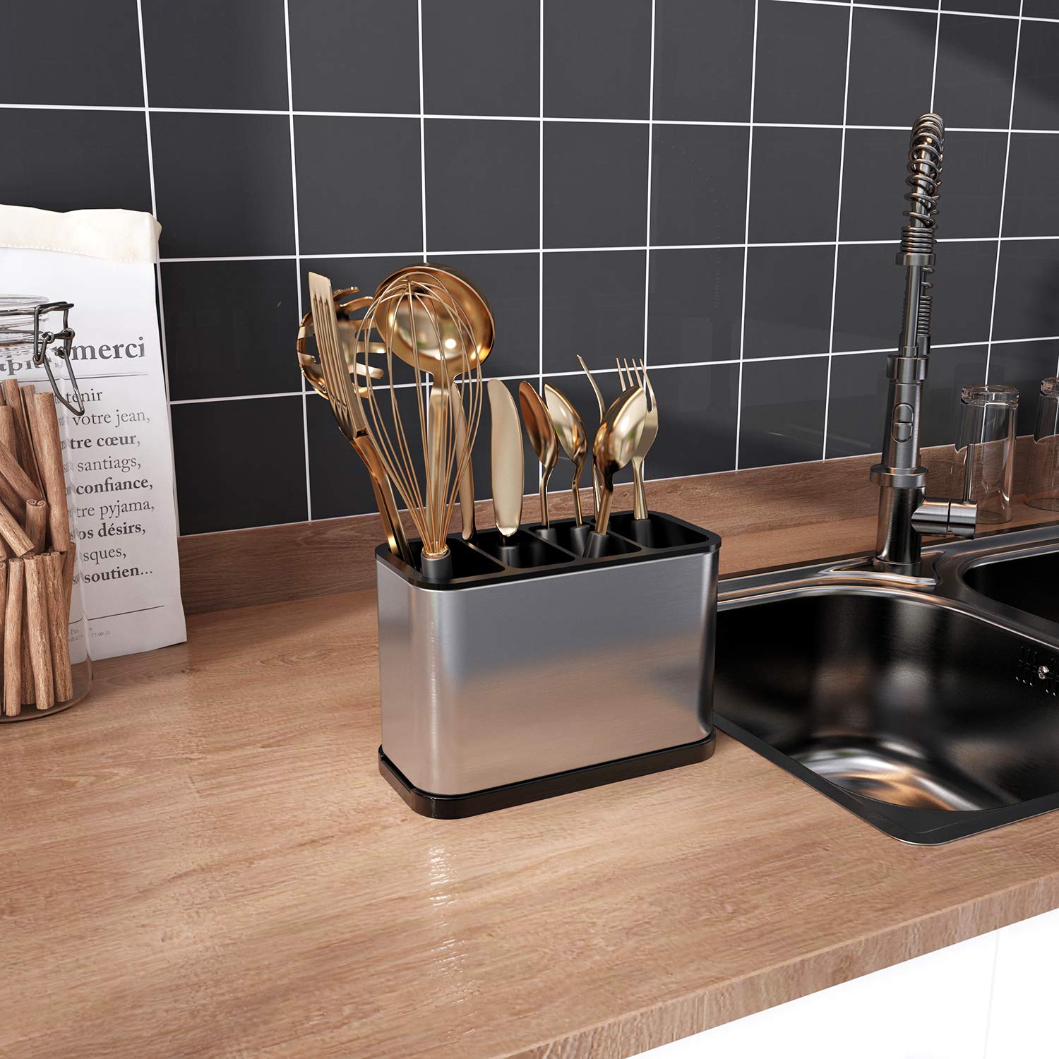 JASIWAY Roll Up Dish Drying Rack with 2 Utensil Holders, 304 Stainless Steel Collapsible Over-The-Sink Dish Rack for Kitchen, Multipurpose Rolling Rack for Sink with Large Capacity (Silver, Large)