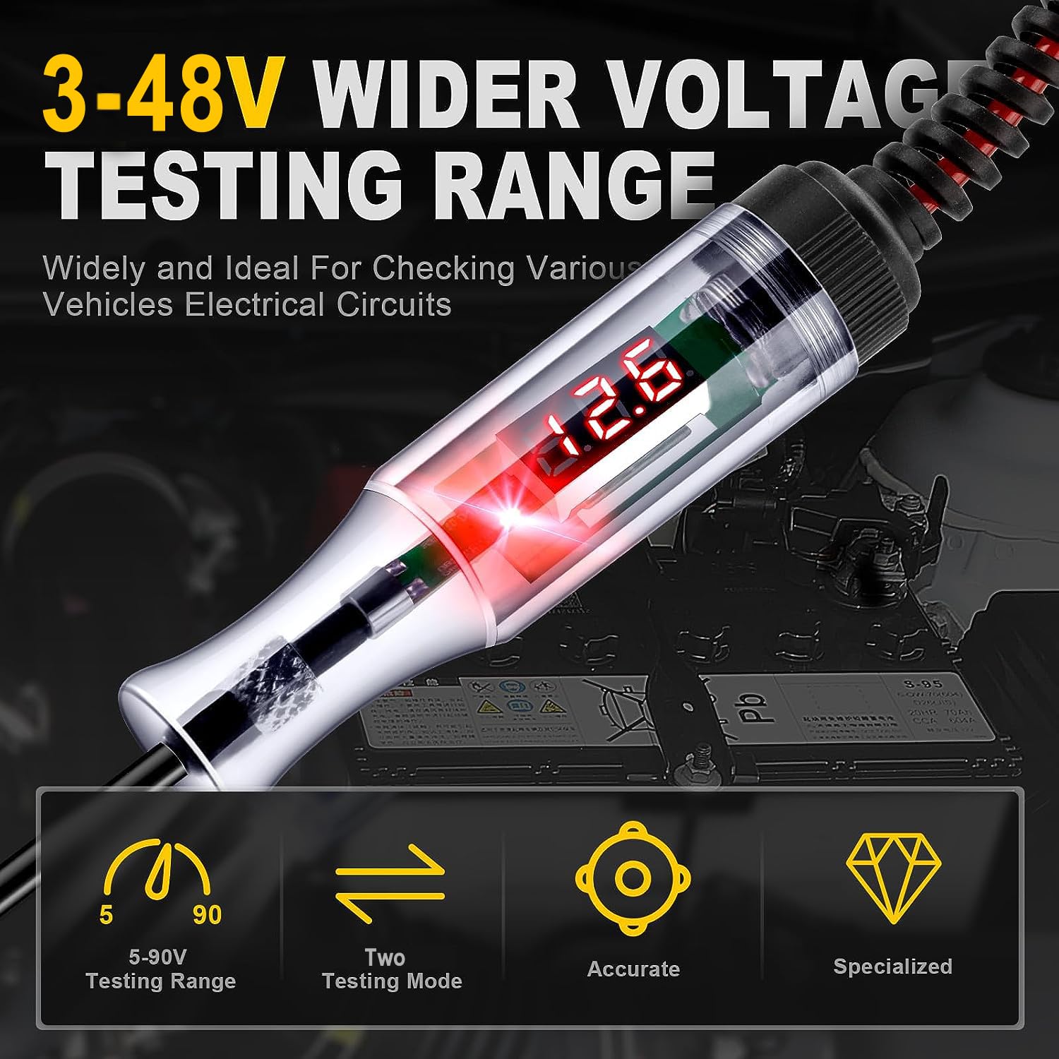 Greluma 1 Pieza Probador de circuito automotriz de 3-48V con voltímetro,luz de prueba de pantalla de retroiluminación LED resistente,probador de voltaje de DC bidireccional