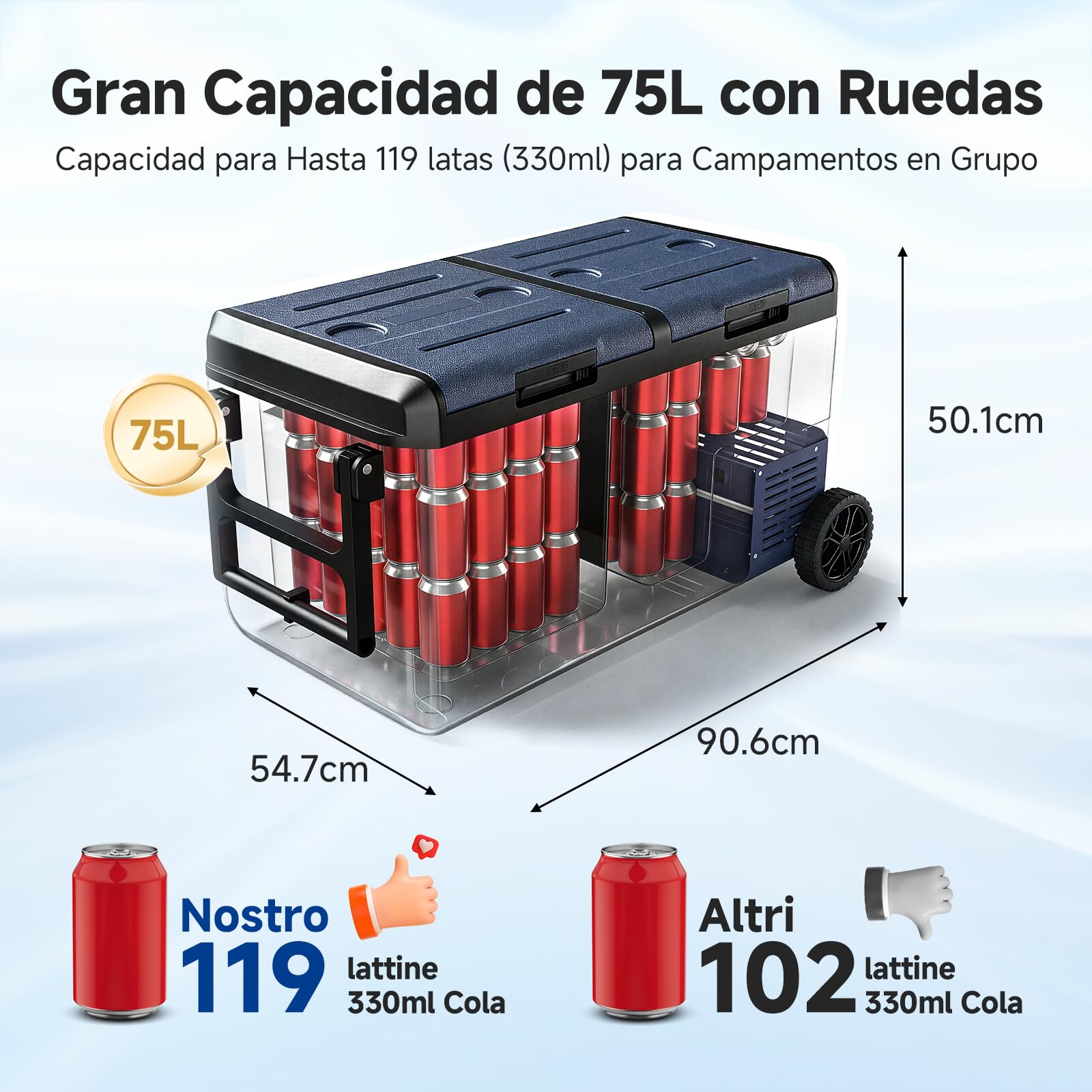 AAOBOSI Nevera Portátil 75L, Nevera 12v Compresor de Doble Zona, con Ruedas y Asa Telescópica, IPX4 Impermeable, Control por App, 12V/230V de -20°C a 20°C para Coche, Camping, Barco y Autocaravana