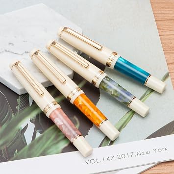 Jinhao 82 Mini Acrylic Fountain Pen, Iridium Bent Nib with Ink Converter, Gold Stone Short Pocket Mini Travel Pen (Gold Trim)