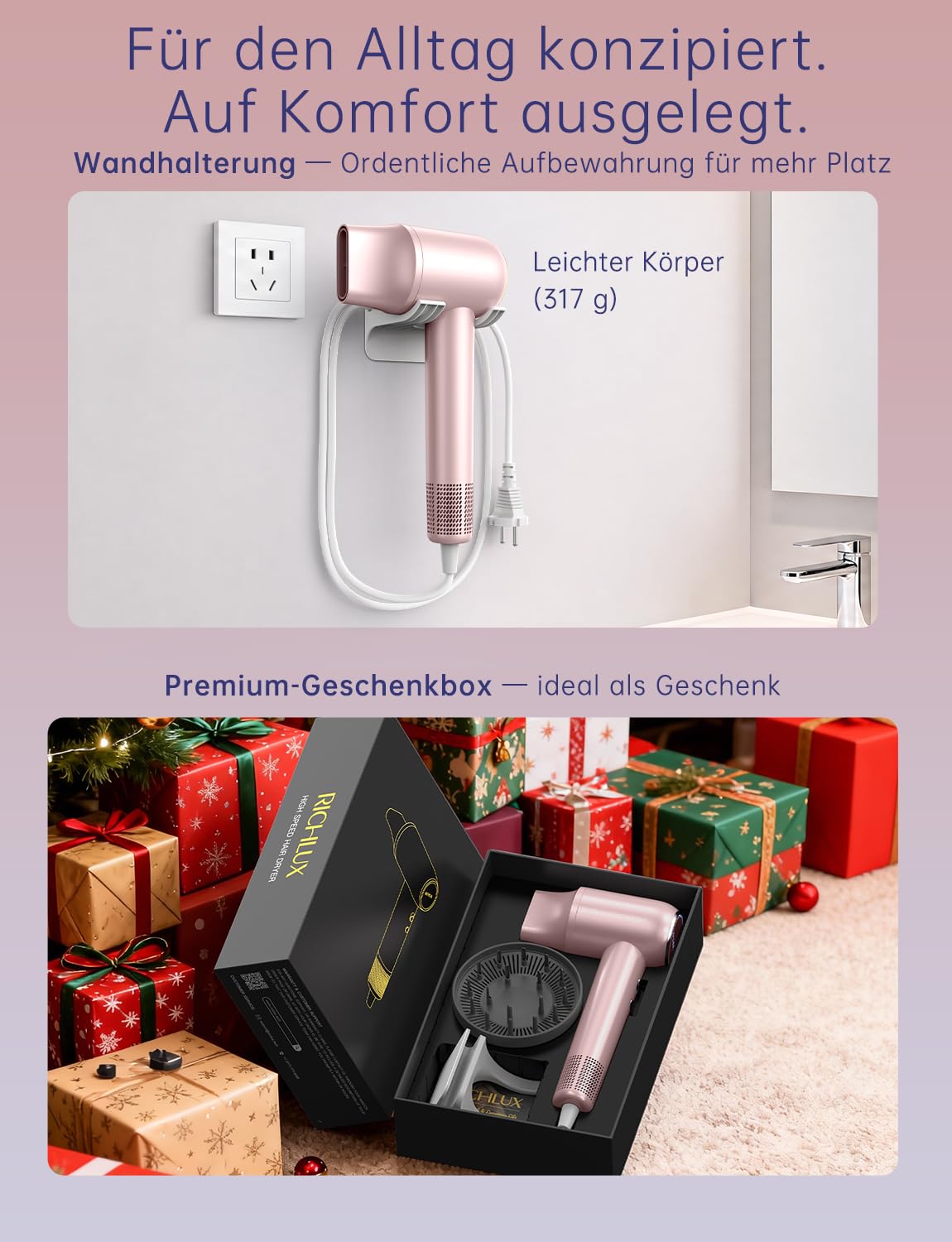 2026 Haartrockner ionen föhn, 160.000 U/min Schnelles Trocknen Ultraleicht & Leise (57dB), 500 Millionen Negative Ionen, Bürstenlosem Motor NTC Temperaturregelung(Rosé)