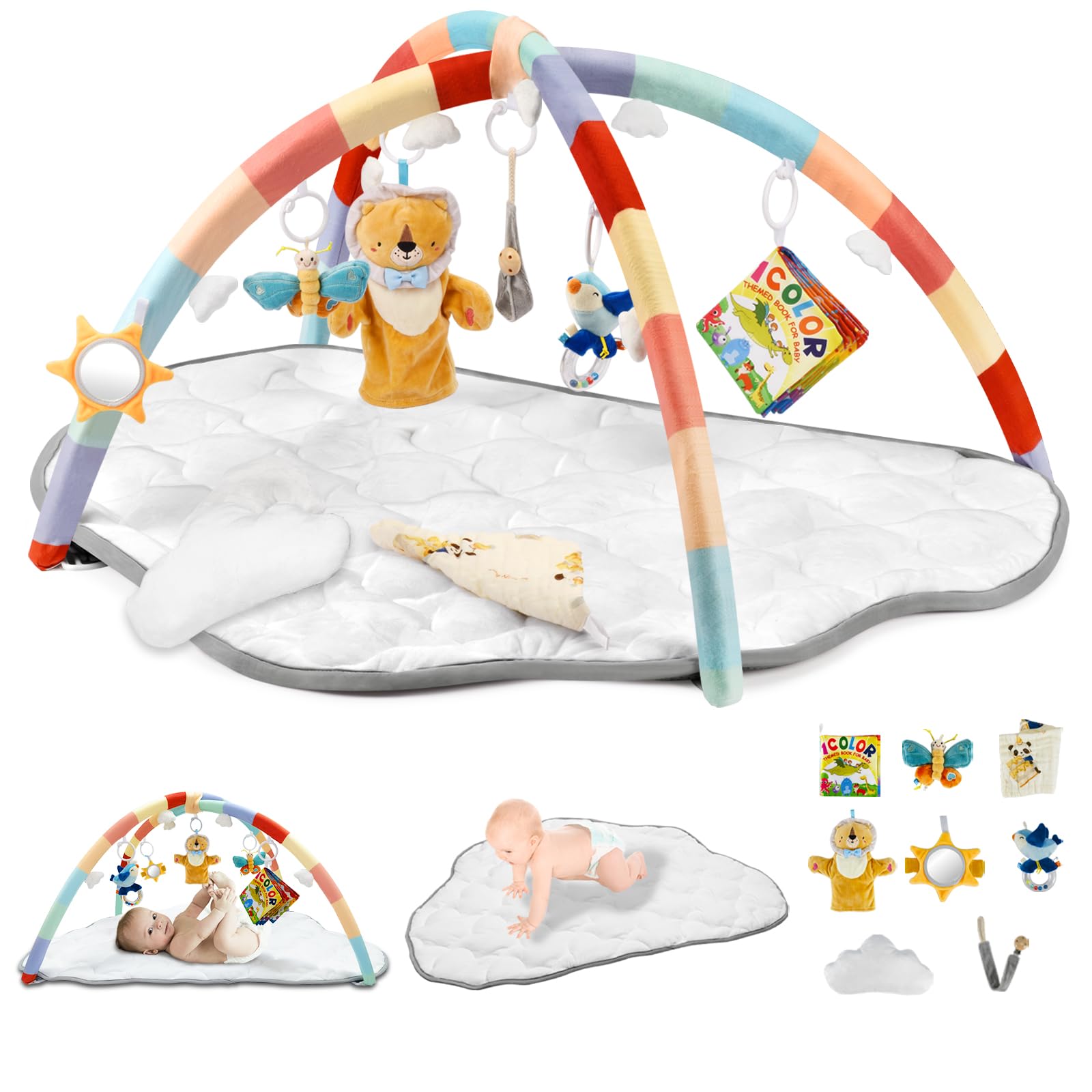 Baby Play Gym Mat, 8-in-1 Baby Play Mat with Detachable Toys Burp  Cloth, Tummy Time Mat Promote Motor Skills Sensory Development Mat, Baby
