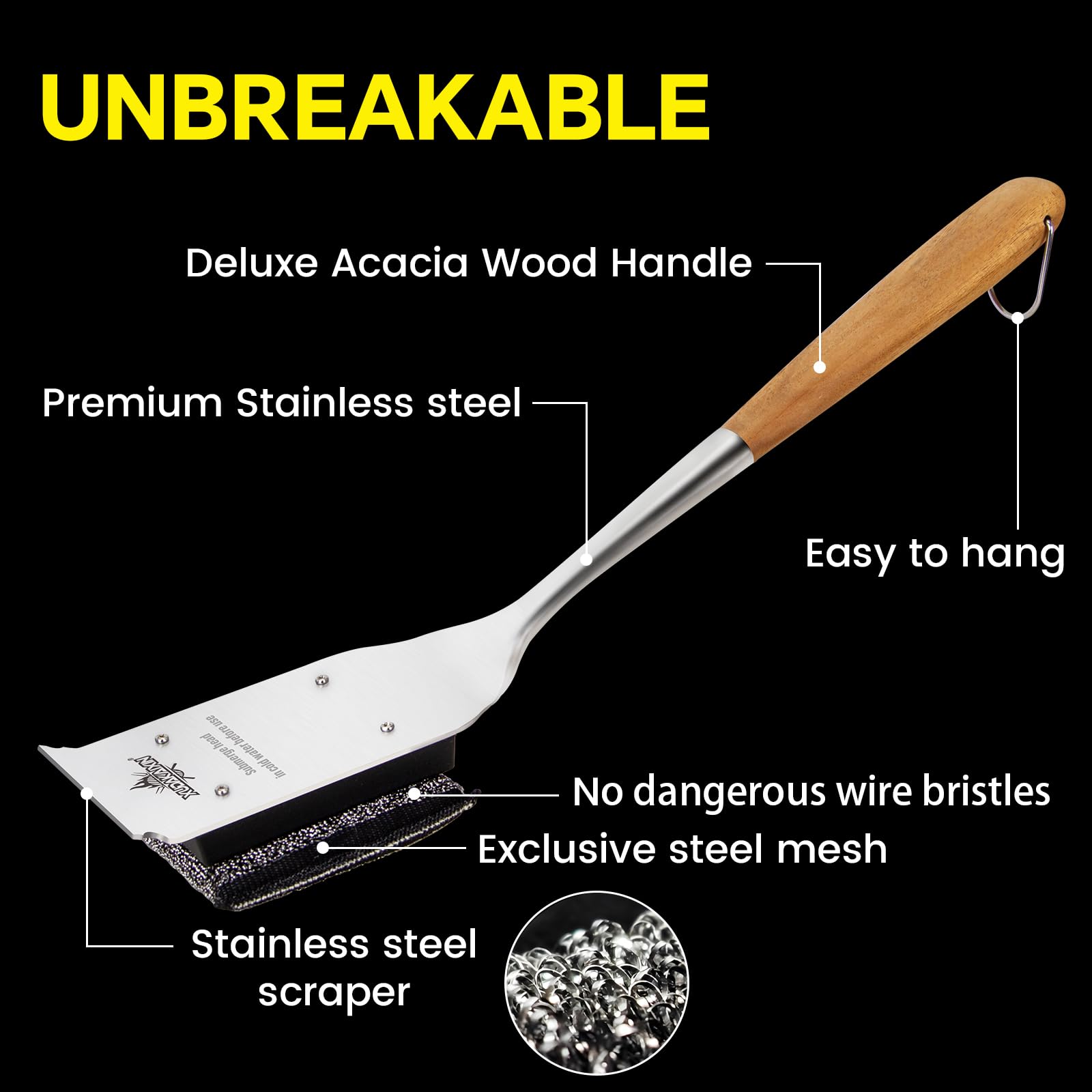 Cepillo para parrilla de vapor de 18 pulgadas, sin cerdas, con mango de madera de acacia de lujo extendido, limpiador seguro para parrilla al aire libre, herramienta raspadora de parrilla 4