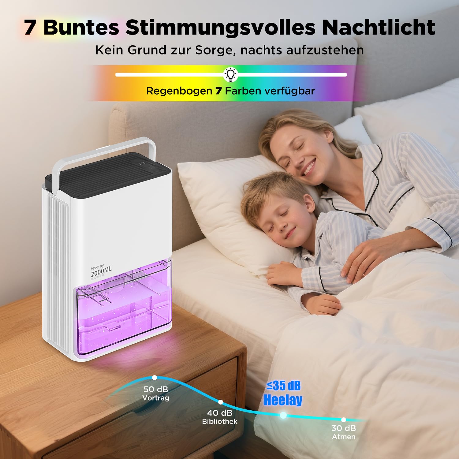 Heelay Deumidificatore elettrico, deumidificatore per ambienti silenziosi da 2L, risparmio energetico, spegnimento automatico, luce a 7 colori, contro umidità e muffa per camera da letto, bagno e casa