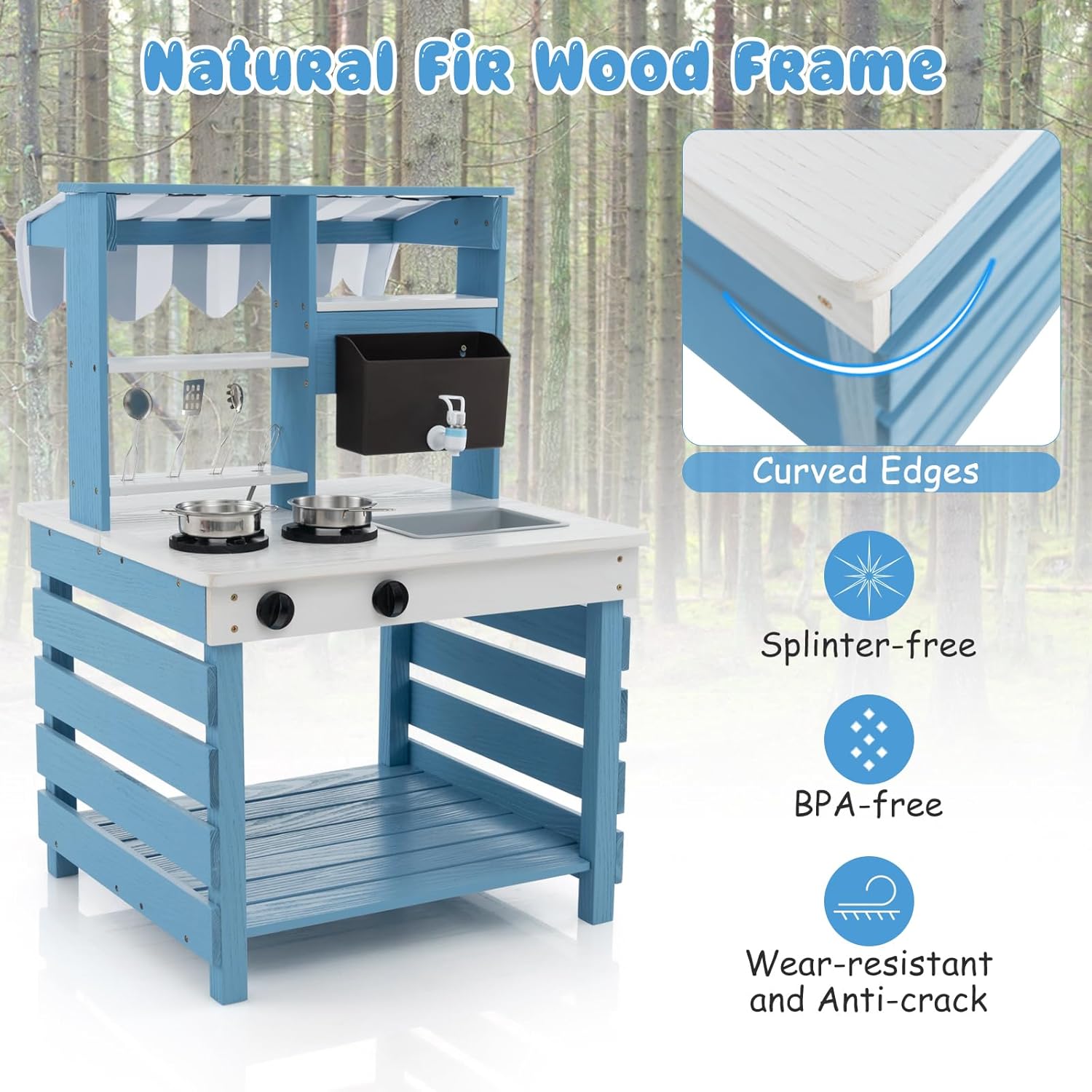 HONEY JOY Mud Kitchen, 2 in 1 Outdoor Play Kitchen for Toddlers & Grocery Store Pretend Play, Water Tank & Sink, Fabric Canopy, Double Side Fir Wood Mud Table for Kids Outdoors