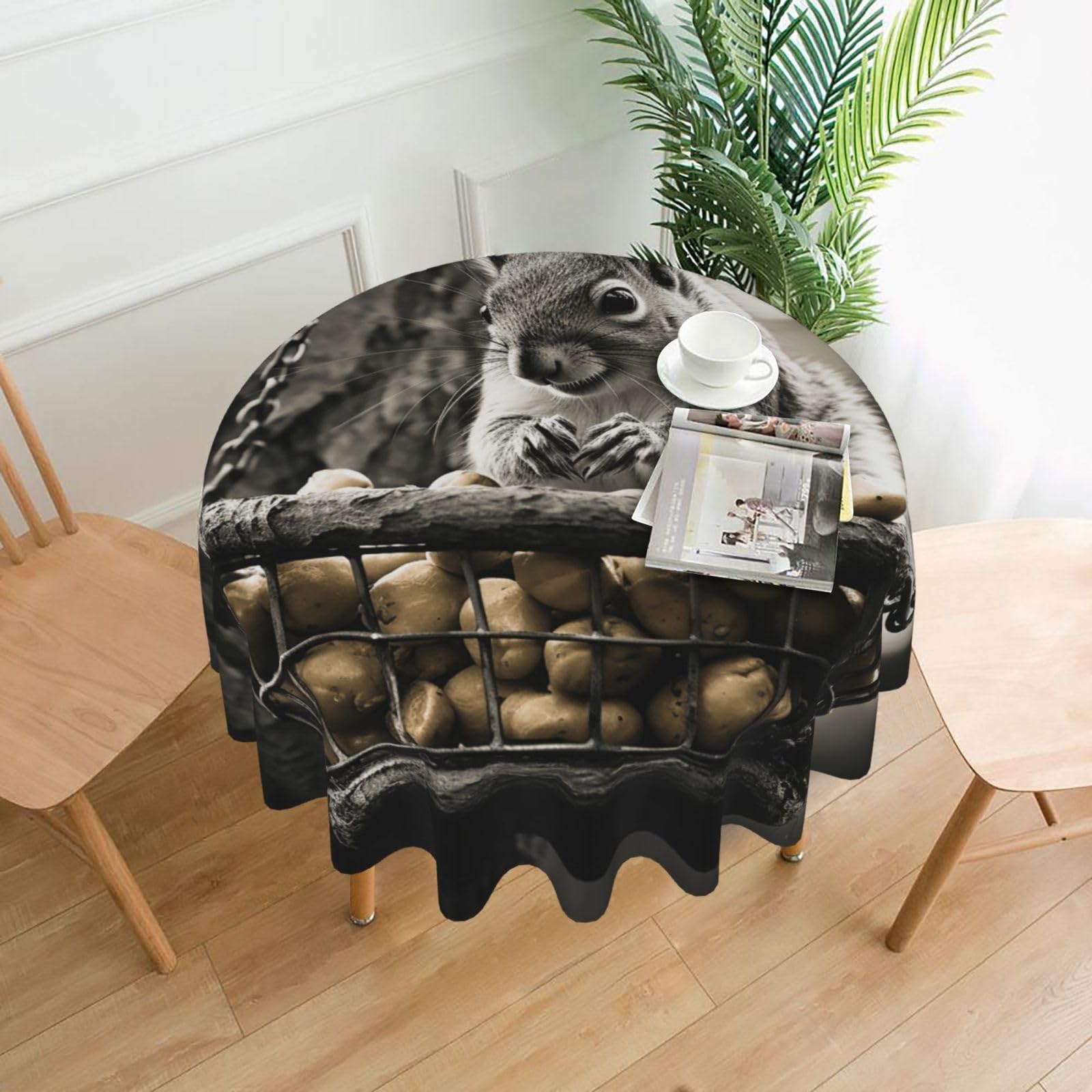 QMKFWT Squirrel in Basket Printed Round Tablecloth,Dust-Proof Wrinkle Resistant Table Cover Washable Polyester Table Cloth for Kitchen Dining Room Farmhouse Picnic Indoor Outdoor(Round 60 Inch)