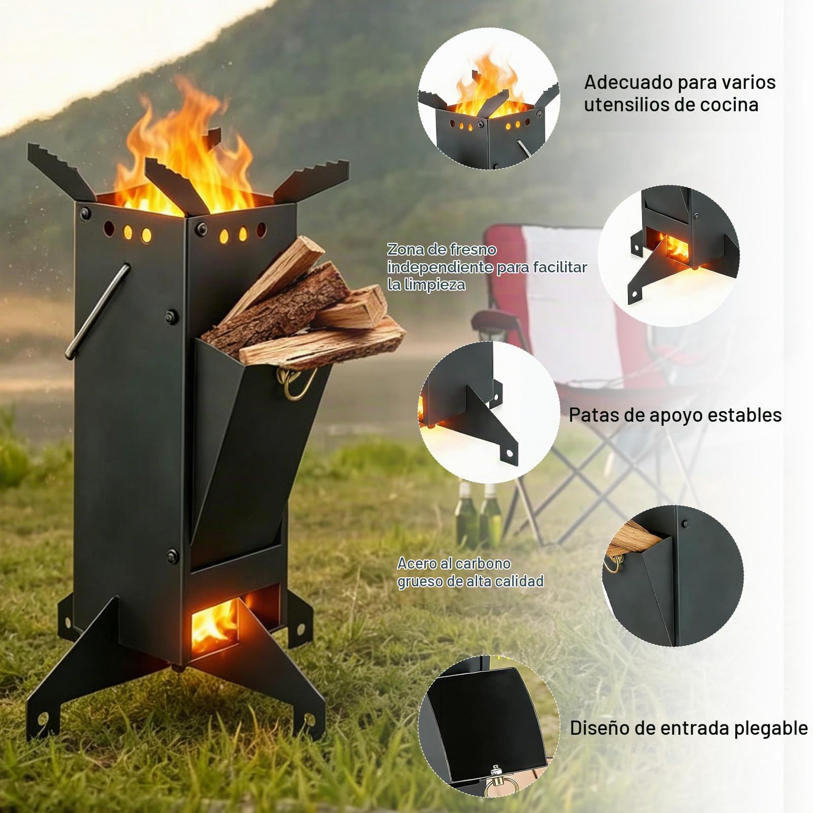 Horno de cohetes para barbacoa, estufa de leña, acero fundido, estufa de cohete con trageba