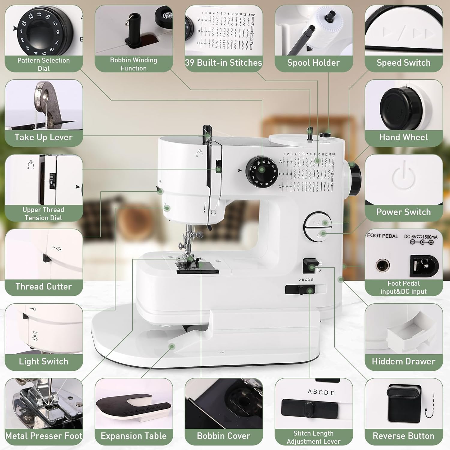 Twin Needles Sewing Machine, 39 Stitch Applications, Portable Household Electric Sewing Machine for beginners, with expansion Table, Foot Pedal, Light, Storage Drawer, Sewing Accessory Kit