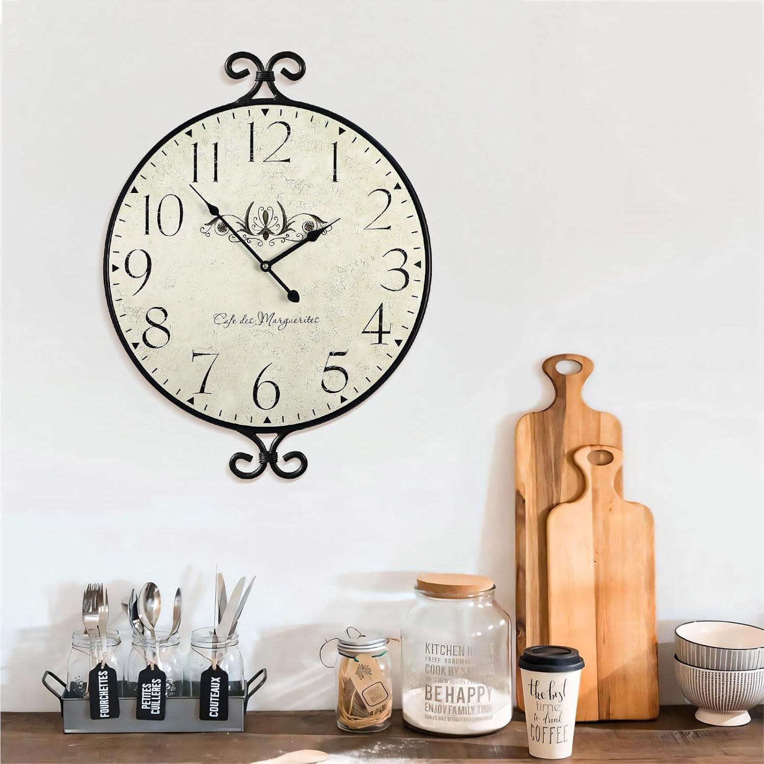 Farmhouse Wall Clock, 17H×13.4D Inch, Wrought Iron Frame with Warm Gray Finish, Vintage Wall Clock Silent Battery Operated Wall Clocks for Home Living Room Kitchen Bedroom