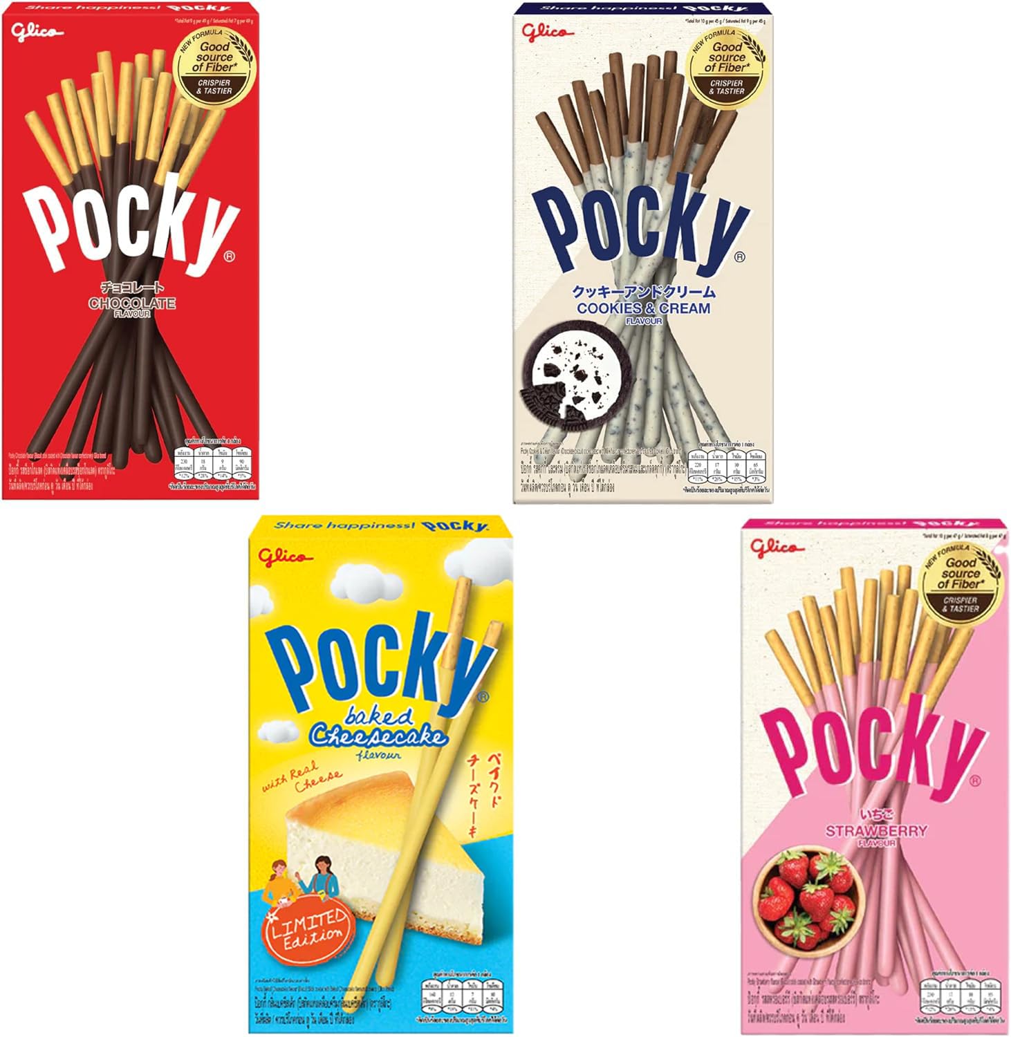 Pocky Summer Pack (4 Packs) - Cookies & Cream, Strawberry, Chocolate, Limited Edition Baked Cheesecake Flavour