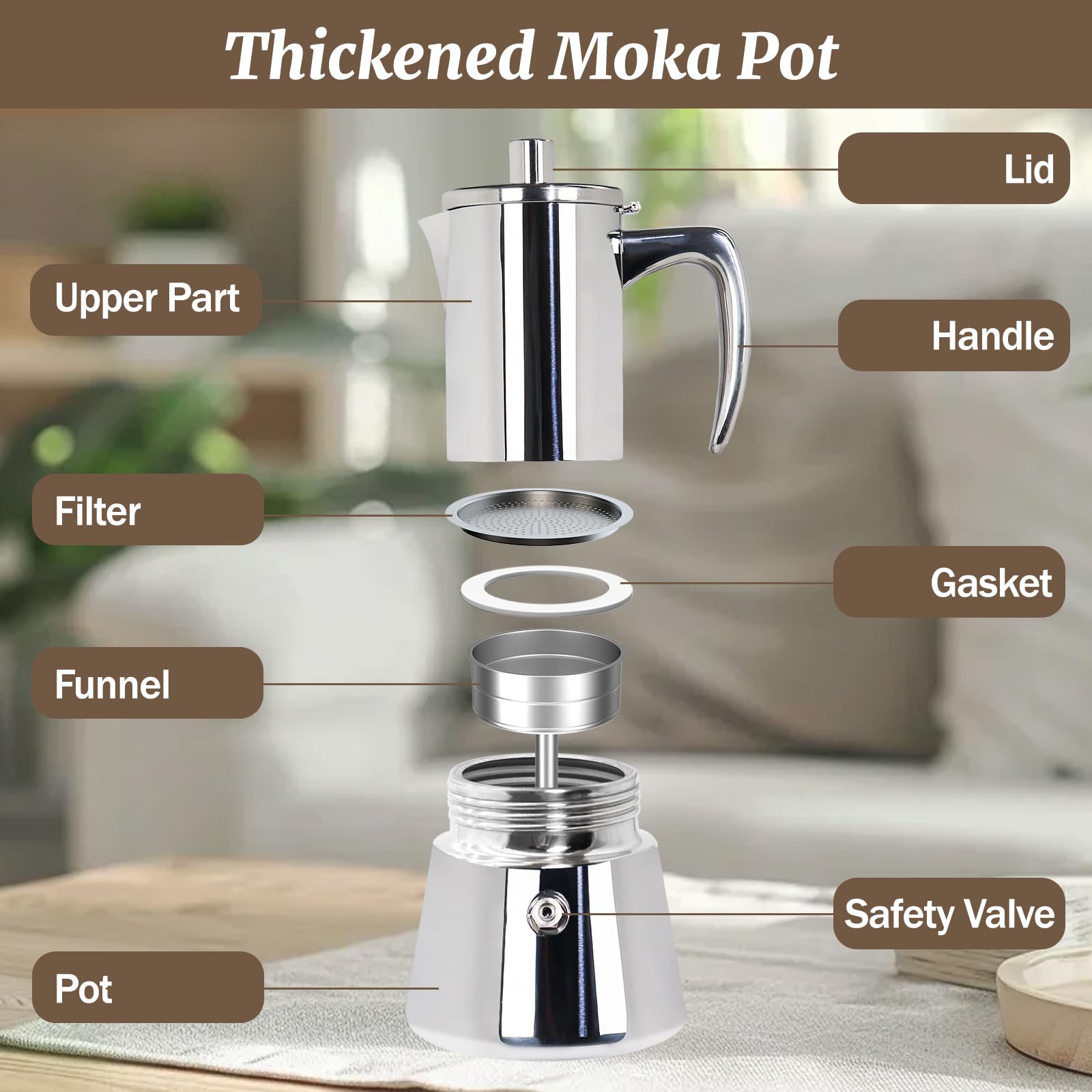 Mokka-Kanne aus 304er Edelstahl italienische Espressokaffeemaschine Herd-Kaffeemaschine Mokkakanne (Silver, 12 Tasse)