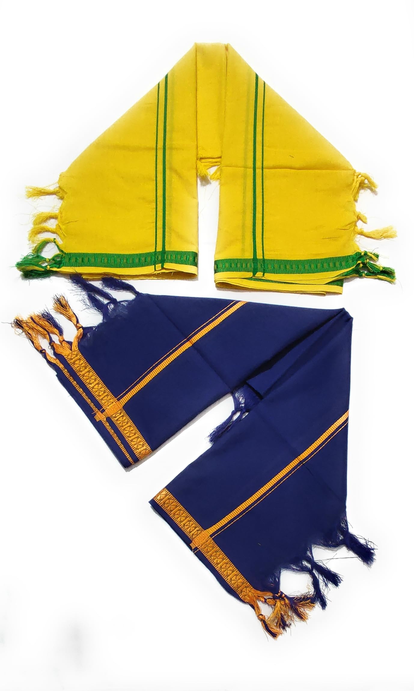 Traditional Cotton Towels for Temple & Pooja Hand and Face Angavastram/Gamcha (Pack of 2) (Yellow) (Yellow Blue)-image-3
