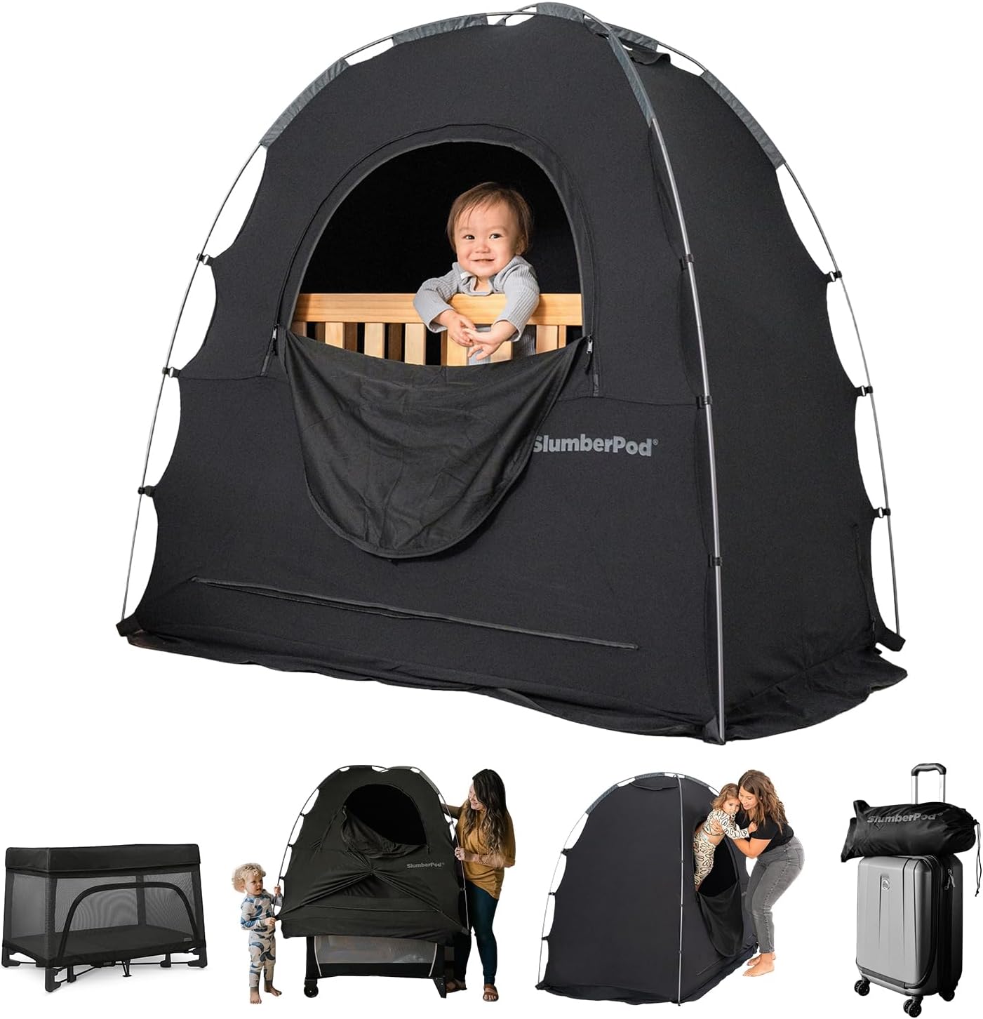 SlumberPod and Fan Combo Portable Privacy Pod Blackout Crib Cover, Sleeping Room for Age 4 Months and up, Pack N Play Blackout Curtains, Baby Travel Crib Canopy (Black/Grey)