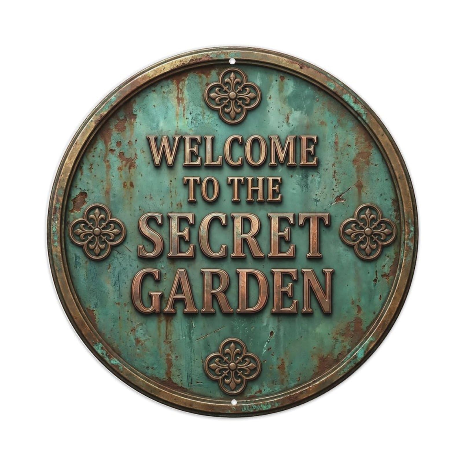 Vintage Welcome Secret Garden Geared Quatrefoil Metal Tin Sign