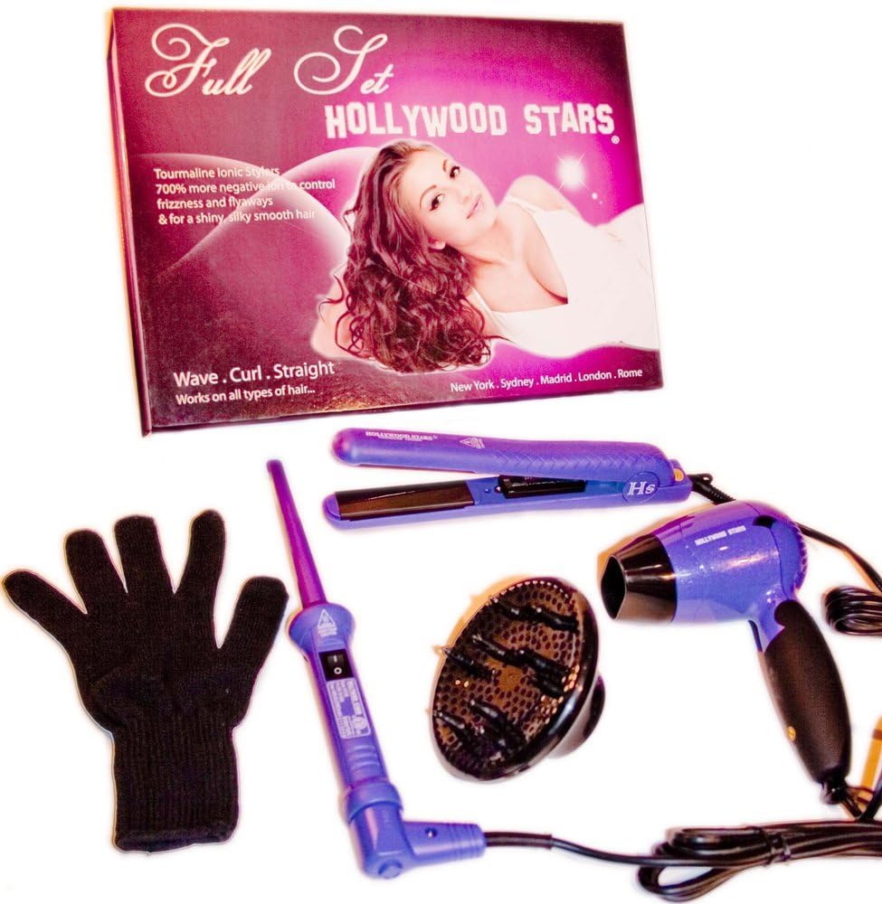 Hollywood Stars Tourmaline Ceramic Professional Full Set 9-18mm Hair Curling & Straightener Iron with Diffuser Blow Dryer Dual Voltage American Plug HAI CHI 110-240V with Glove