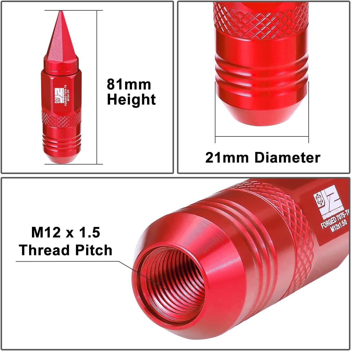 J2 Engineering J2-LN-T7-029-15-RD 20Pcs M12x1.5 T6-7075 Aluminum 81mm Removable Spiky Cap Lug Nuts w/Deep Drive Extension,Red, 21mm x 81mm