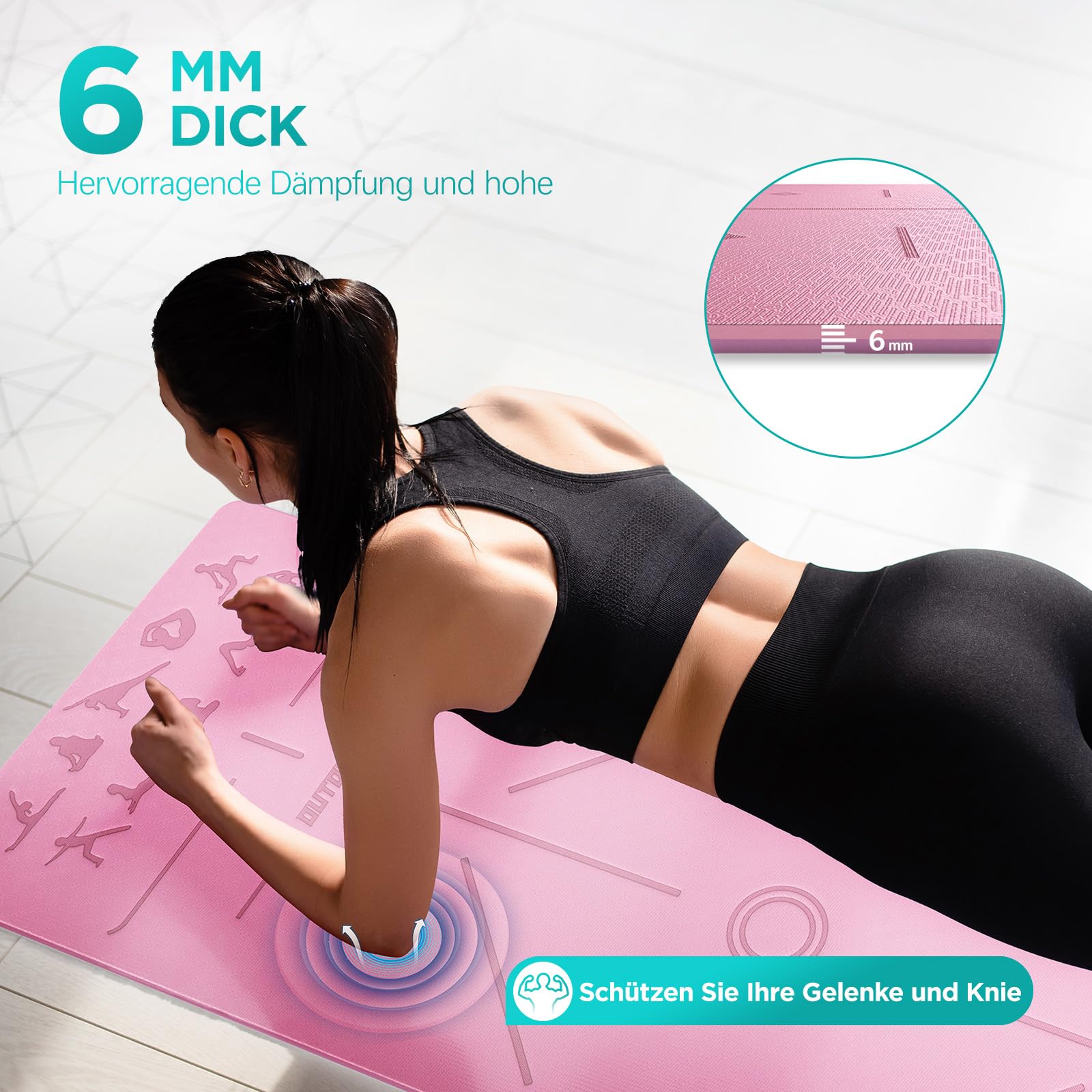 Yoga Matte, TPE 6mm Dicke Hautfreundliche Yogamatte Rutschfest Gymnastikmatte Pilates Gymnastik Meditation Stretching mit Trageriemen Home Workout Sportmatte 183x61cm