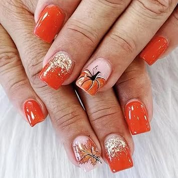 Thanksgiving Press on Nails Short Square Fake Nails with Pumpkin Glitter Maple Leaves Designs Fall Nails Press ons Glossy Glue on Nails Orange Acrylic Nails Artificial Stick on Nails for Women 24Pcs