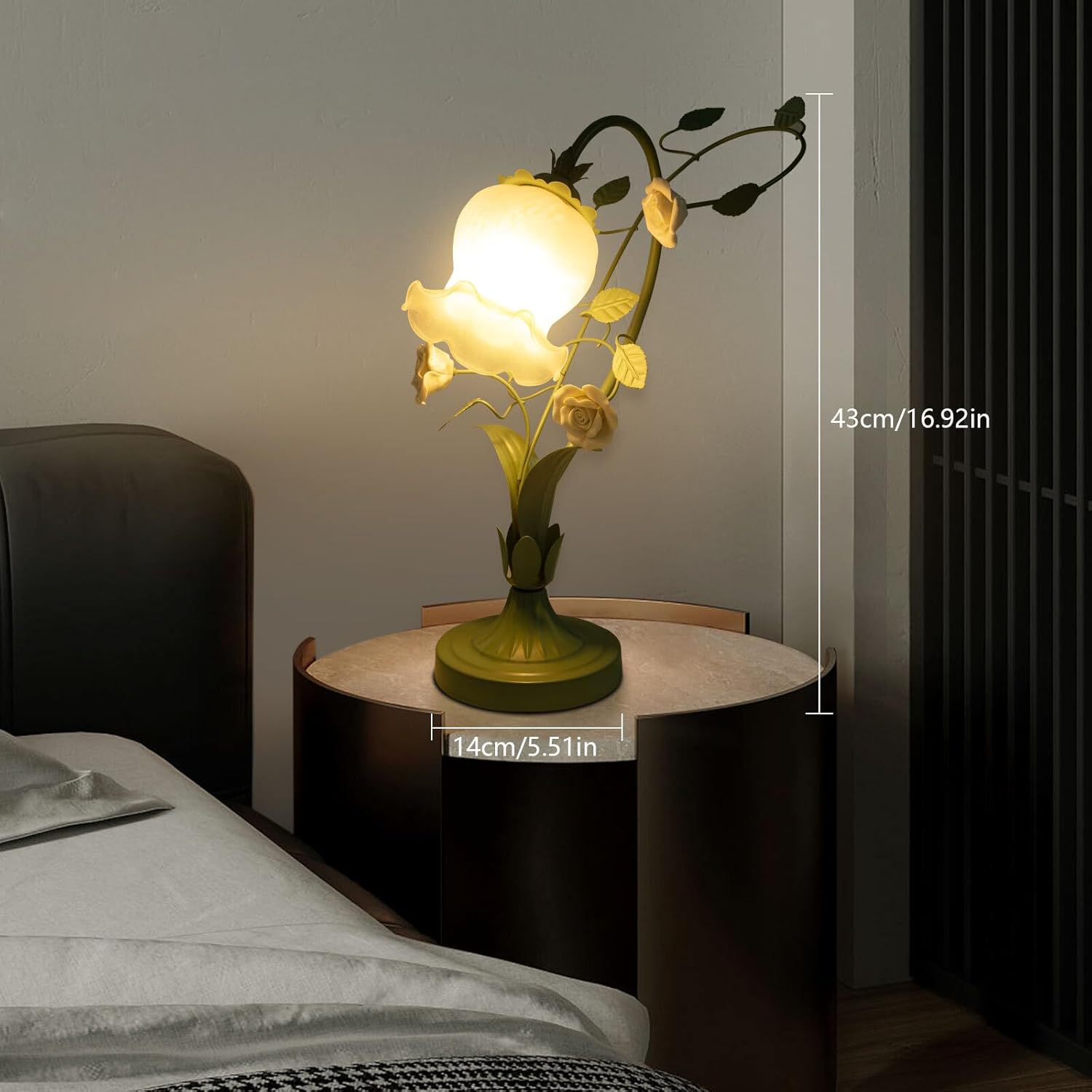 Flower Glass Table Lamp Vintage Bedside Nightstand Lamp with 5.12-Inch Wide, Glass Lampshade, Pad Base Rose Light for Bedroom Office Dresser, E26 Bulb Not Included (Green &White)