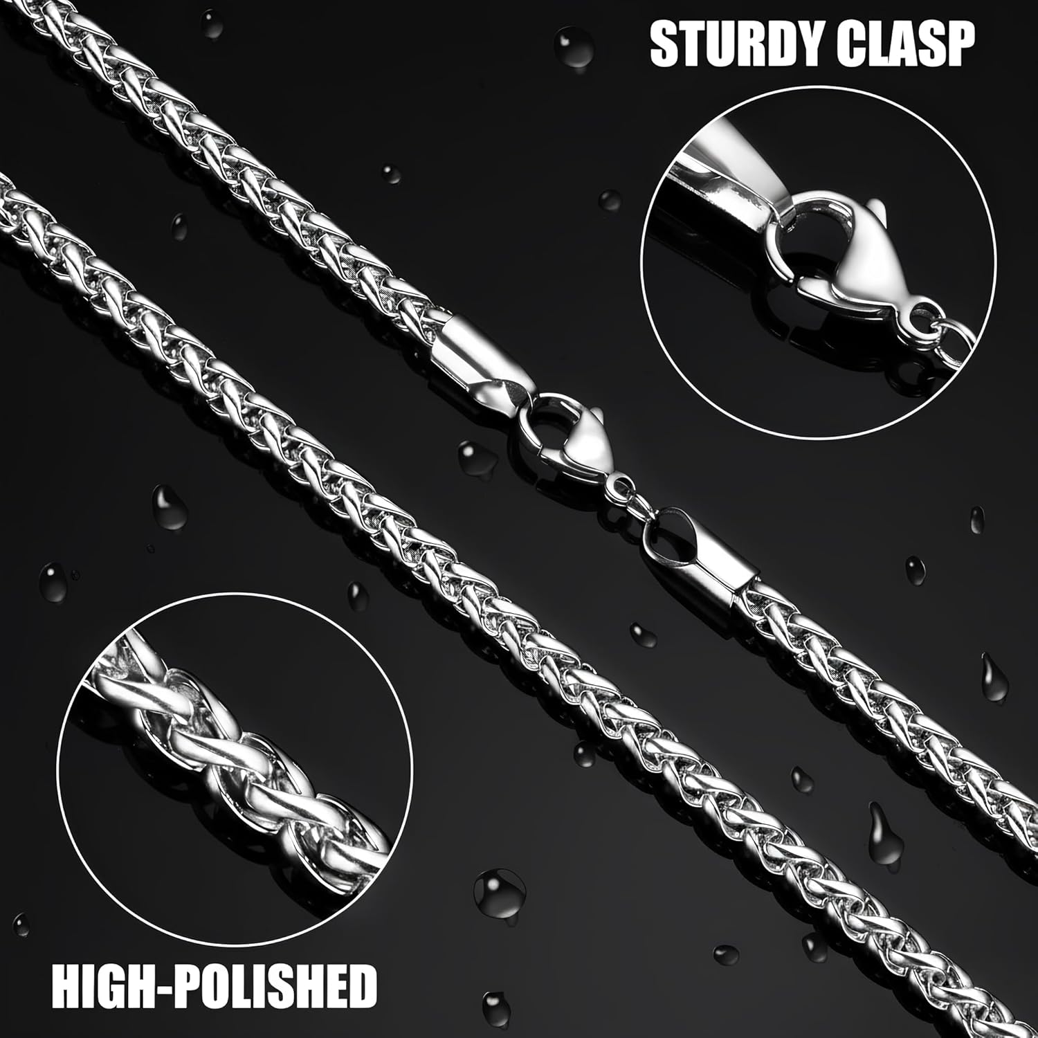 Fiusem Wheat Chains for Men and Women, 2/2.5/3/4/5mm Silver Tone/14K Gold Plated/Black Necklace Chain, Stainless Steel Mens Necklace 16-28 Inch - Image 7