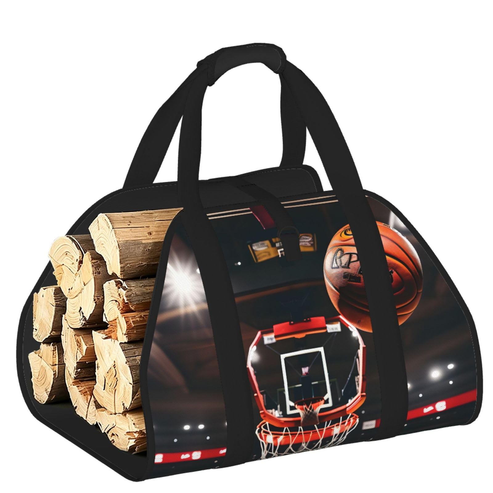 Basketball Printed Firewood Carrier Bag, Log Tote with Open-Ended Design for Camping Outdoor Wood Hauling