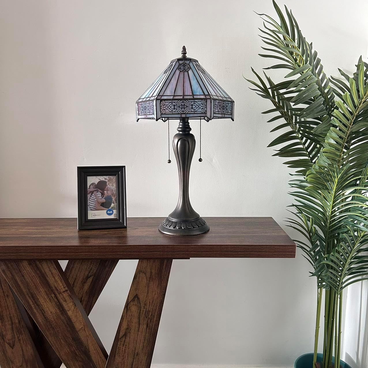 Tiffany Table Lamp Sky Color Hexagon Stained Glass LED Bulbs Included for Living Room Bedroom Bedside 12" W*12" D*22" H