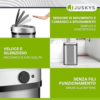 Juskys Kitchen Bin with Motion Sensor Silver 50 L - Square Waste Bin with Clamping Ring for Bin Bags - Stainless Steel - Contactless Disposal