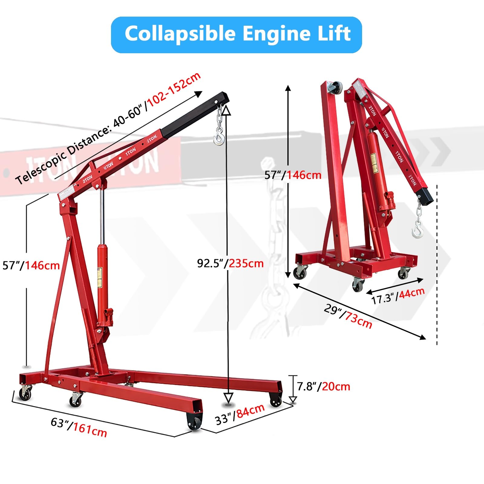 Grúa Elevadora Plegable De 2 Toneladas para Taller, con 6 Ruedas Y 4 Posiciones Ajustables, Elevación De Motor Móvil Y Palanca De Elevación De Motor para Carga.