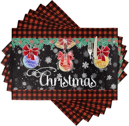 Christmas Table Placemats for Dining Table Set of 6,Cotton Linen Cloth Kitchen Place Mats with Pocket,SquareRectangleRoundOblong Table Mat,Black