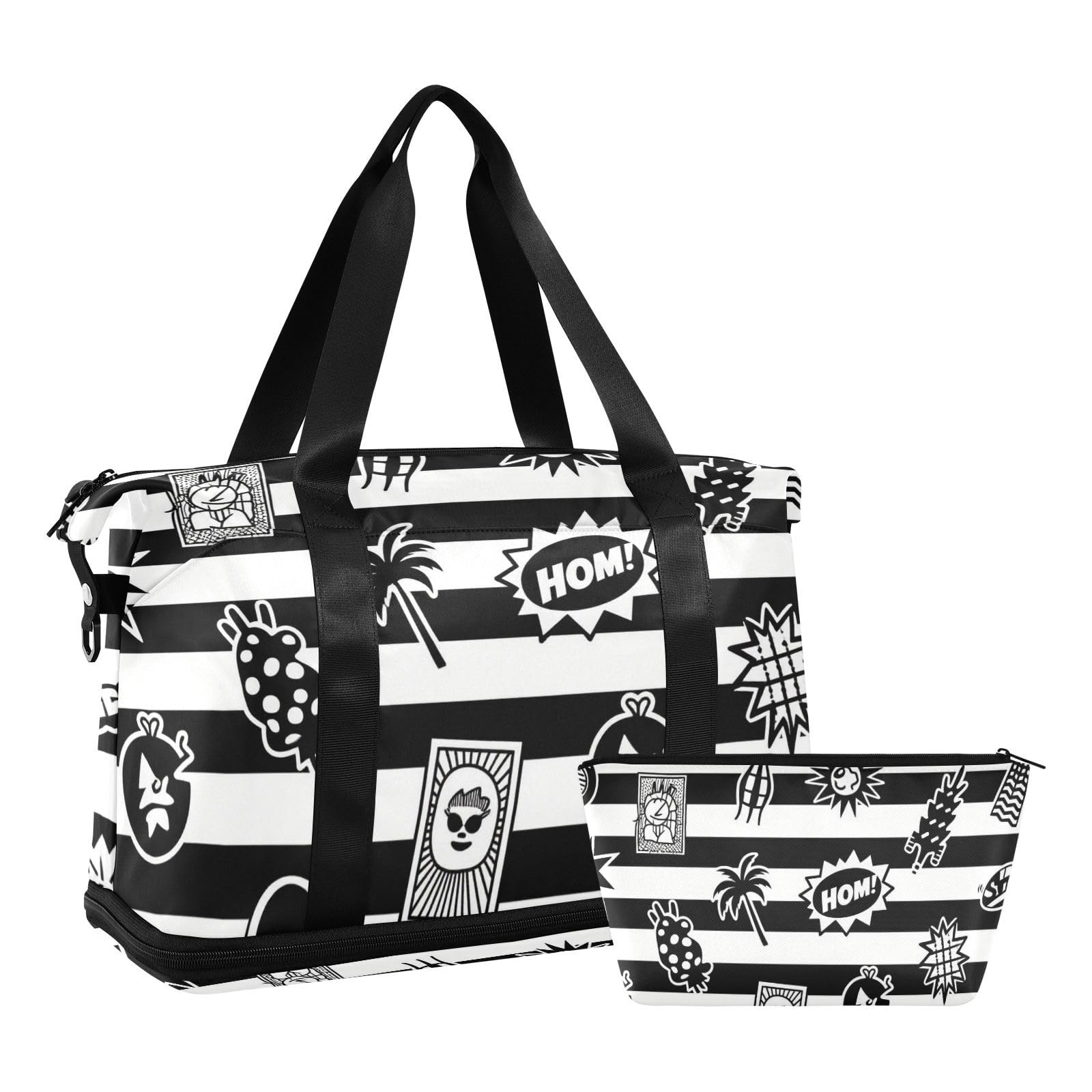 Reisetasche mit Nassfach, verstellbarer Riemen, für Trekking, multifunktional, für Damen und Herren, Schwarz / Weiß gestreift