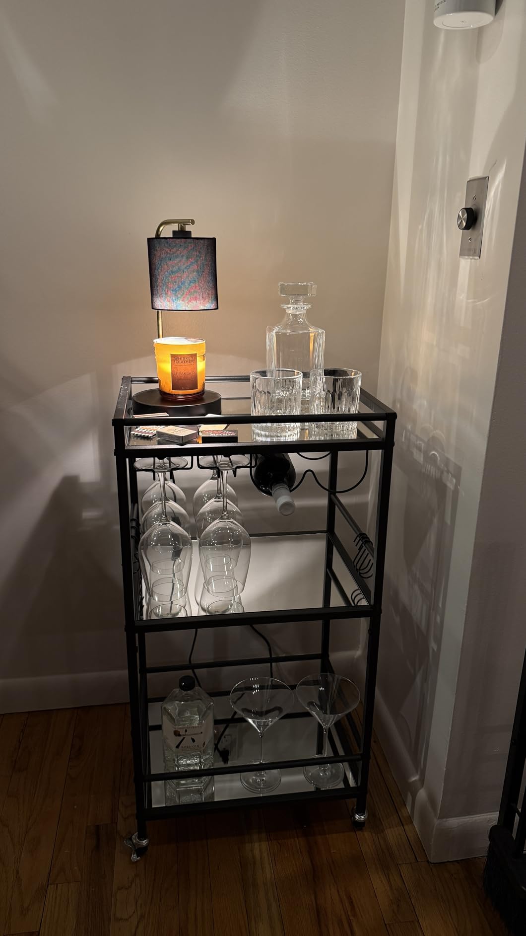TUTOTAK Bar Cart in gold finish with mirrored shelves and wine rack