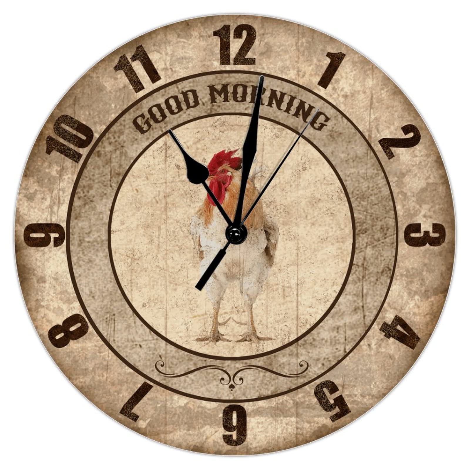Horloge murale silencieuse en bois style vintage coq de ferme