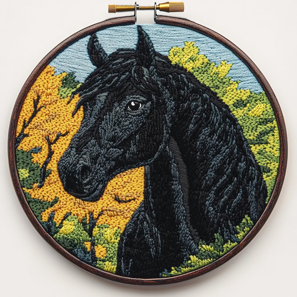 DIY Punch Needle Kits Cartoon Black Horse and Tree with Hoop 20x20cm-1
