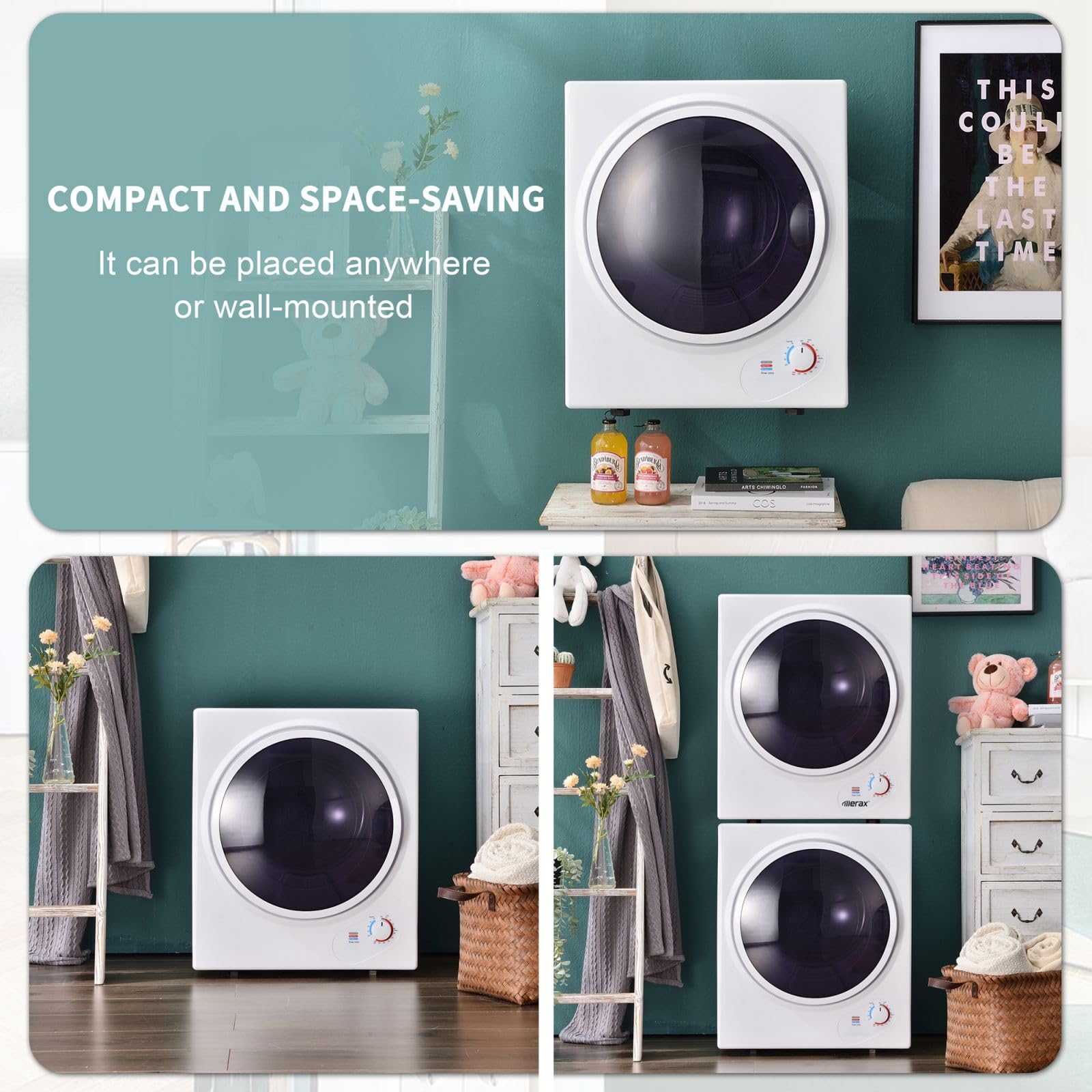 Mini sèche-linge mural 2,5 kg double filtre chauffage céramique PTC tambour acier inoxydable
