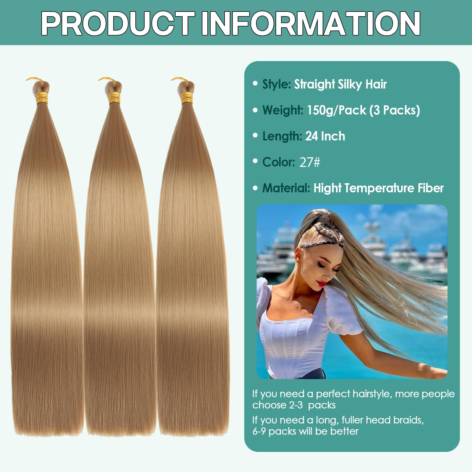Locescsoc 24 Inch Bone Straight Braiding Hair 150g 3 Packs Straight Hair Extensions, Ariel Straight Hair Bundles - Image 2