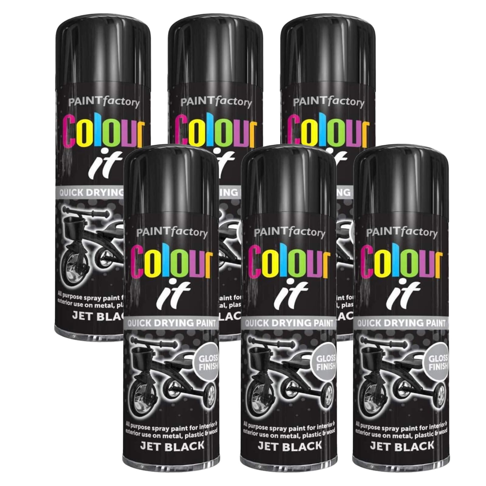 PEBBLE HUG Paint Spray Can 250ml 'Black Gloss' General Purpose, Fast Dry Excellent Coverage Adhesion, Plastic, Wood, Stone, Cardboard And Paper Gloss Finish (Pack of 6)